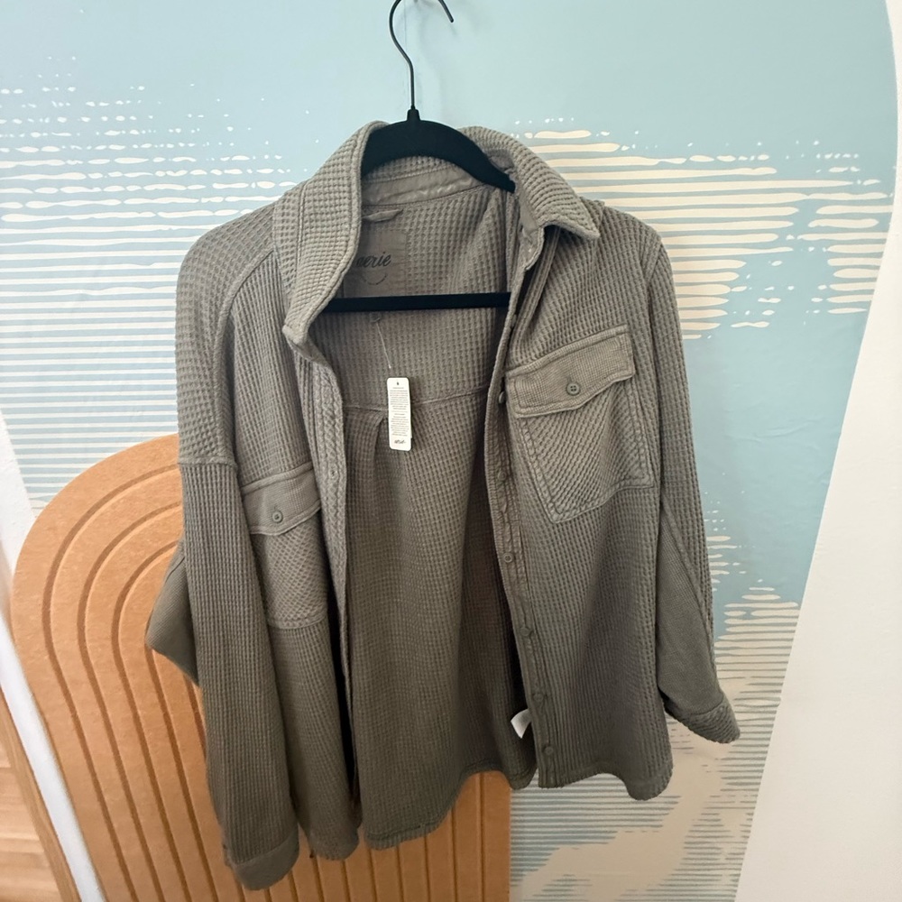 aerie Olive Waffle-Knit Button-Up Shacket